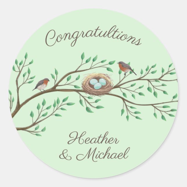 Sticker Rond Robin Oiseaux Nid Oeufs Baby shower de printemps (Devant)