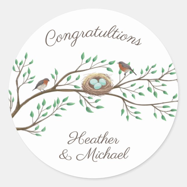 Sticker Rond Robin Oiseaux Nid Oeufs Baby shower de printemps (Devant)