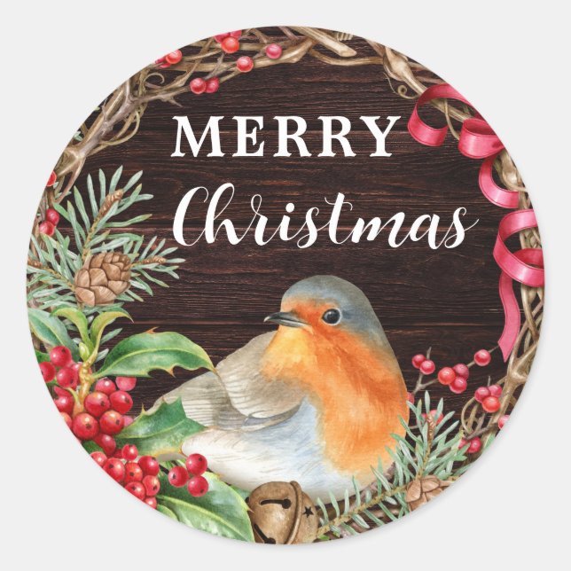 Sticker Rond Robin rustique Joyeux Noël Fêtes (Devant)