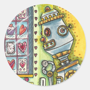 STICKER ROND ROBOT À LA RECHERCHE D'AMOUR, COEUR FOURNISSANT MA