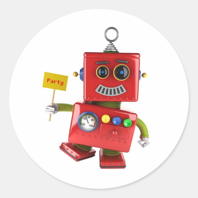 Sticker Rond Robot de jouet rouge dansant avec panneau de fête (Devant)