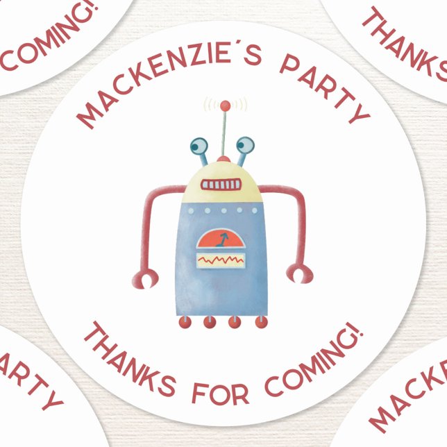 Sticker Rond Robot mignon Merci personnalisé Classic Round St (Robot custom text personalized kids birthday party thank you sticker)