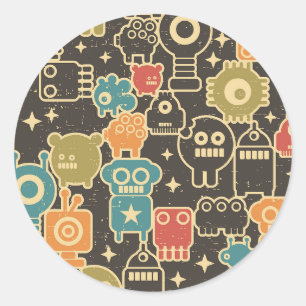 Sticker Rond Robots sur brun