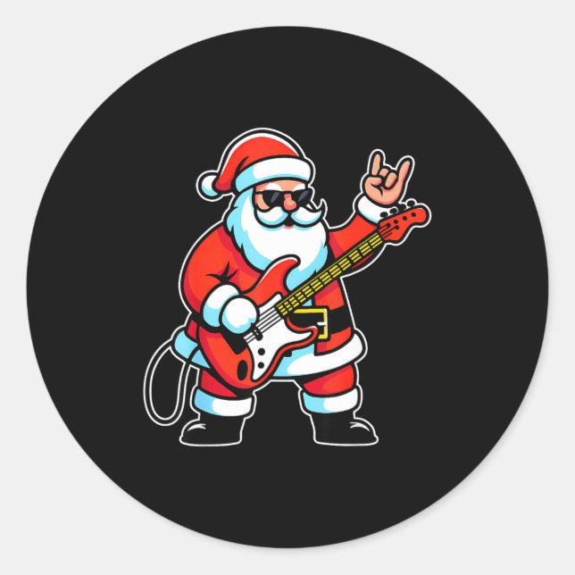 Sticker Rond Rock &amp; Roll Christmas Santa Claus Guitar Playe (Devant)