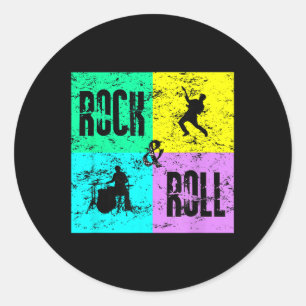 Sticker Rond Rock& ; Roll Music Vintage Retro 80s Drums Guit