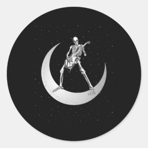 Sticker Rond Rock And Roll Skeleton Jouer Guitare Rock Sur Lune