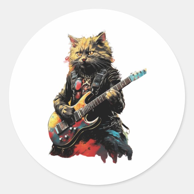 Sticker Rond Rock band Cat jouant de la guitare (Devant)