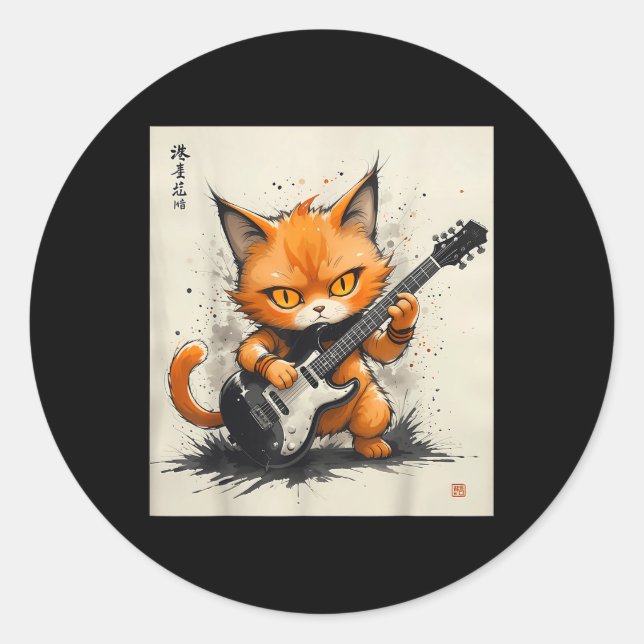 Sticker Rond Rock Chat Jouer Guitare Drôle Chat (Devant)