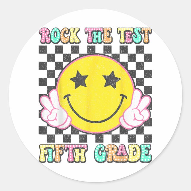 Sticker Rond Rock Le Jour de l'Examen Enseignant 5e année (Devant)