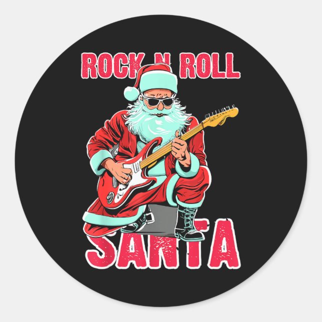 Sticker Rond Rock N Roll Santa Playing Guitar Christmas  (Devant)
