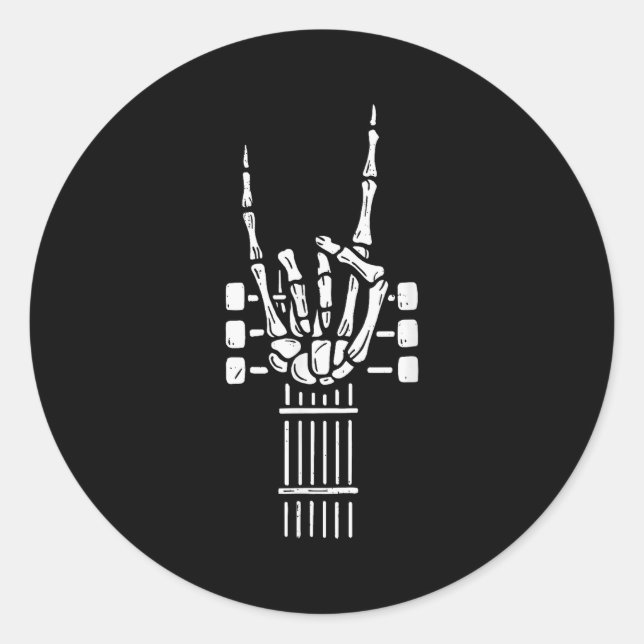 Sticker Rond Rock On Skeleton Hand Guitar Guitarist Funny Music (Devant)