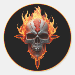 Sticker Rond Rock & Roll Band Heavy Metal Music Flaming Skull
