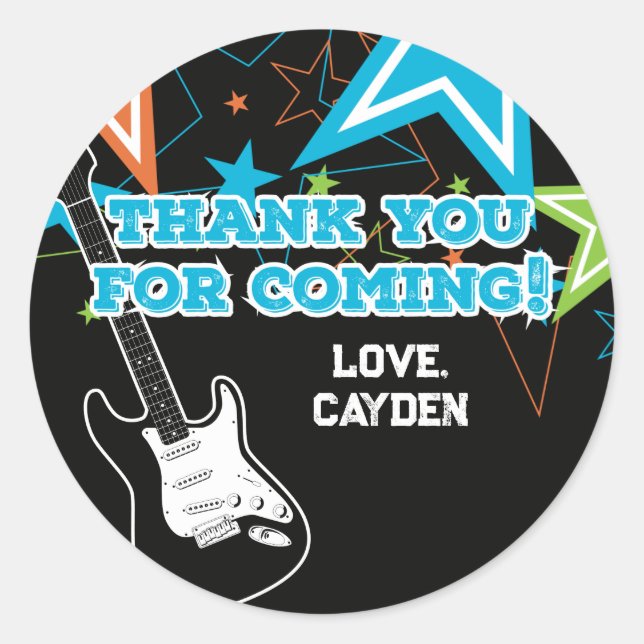 Sticker Rond Rock Star Anniversaire Guitare bleu orange (Devant)