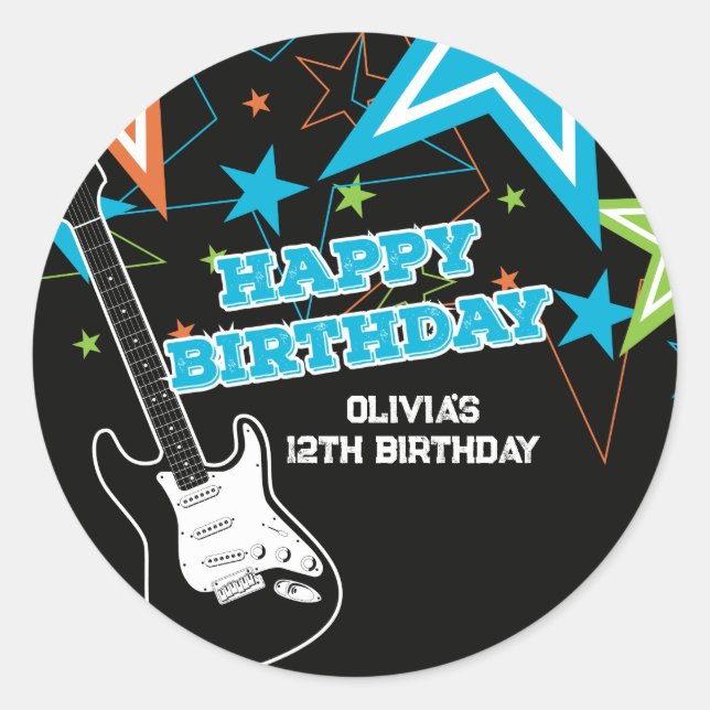 Sticker Rond Rock Star Anniversaire Guitare Stars Blue Orange (Devant)