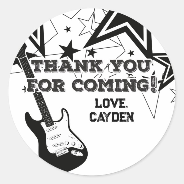 Sticker Rond Rock Star Birthday Guitare noir et blanc étoiles (Devant)