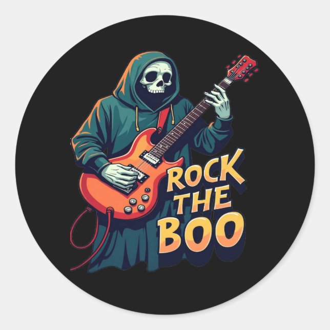 Sticker Rond Rock the Boo - Halloween Skeleton Guitare Design (Devant)