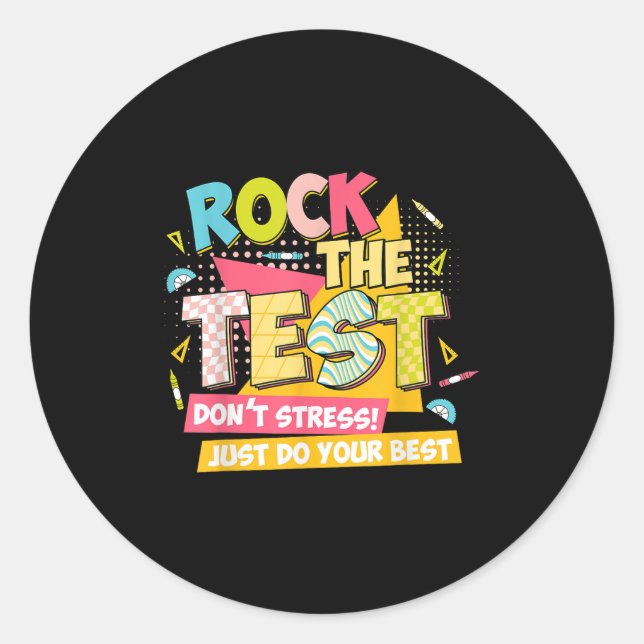 Sticker Rond Rock The Test Day Motivational Retro Teachers Test (Devant)
