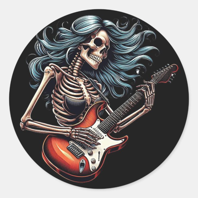 Sticker Rond Rocker Skeleton femme jouant de la guitare Dark ar (Devant)