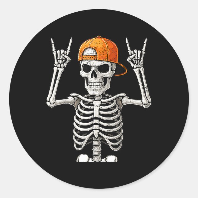 Sticker Rond Rocker Skeleton Rocher Main Rock Sur Costume Drôle (Devant)