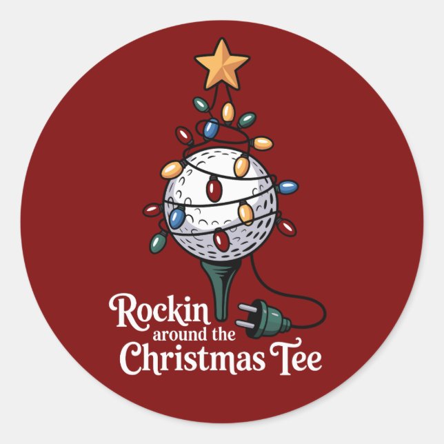 Sticker Rond Rockin Around The Christmas Tee Funny Golf Xmas (Devant)