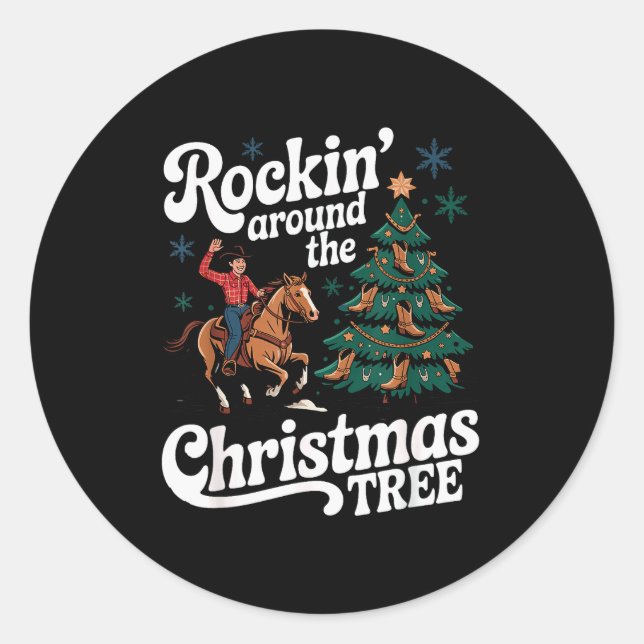 Sticker Rond Rockin’ Around The Cowboy Christmas Tree Western X (Devant)