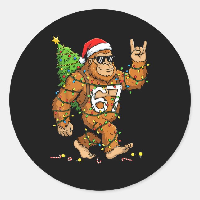 Sticker Rond Rockin' Bigfoot Christmas Tree Xmas Lights Funny 6 (Devant)