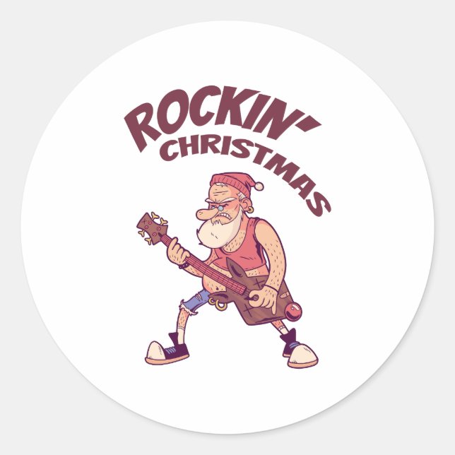 Sticker Rond Rockin Christmas, Père Noël rocking avec Guitar In (Devant)
