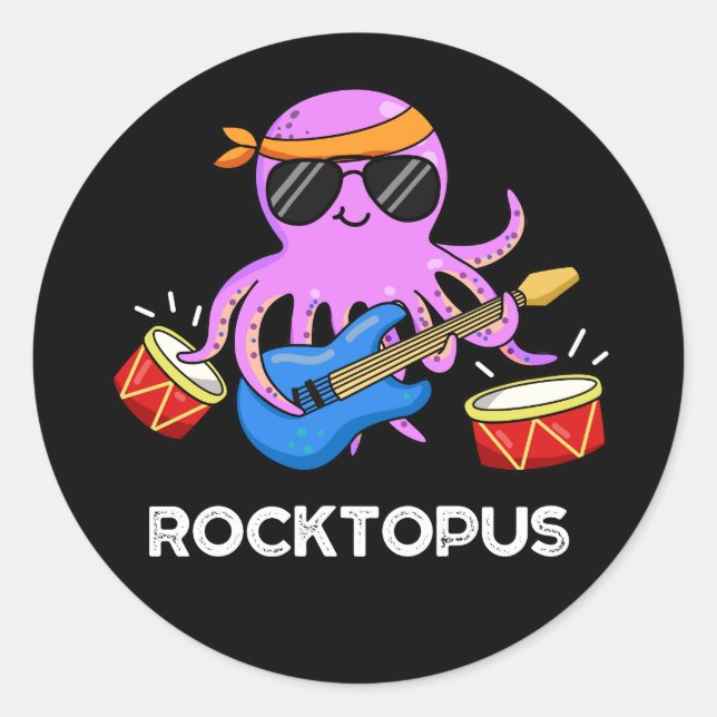 Sticker Rond Rocktopus Funny Rock Band Octopus Pun Dark BG (Devant)