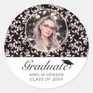 Sticker Rond Rococo Pink Black Graduate Photo Graduate