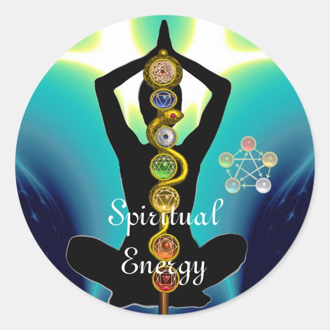 Sticker Rond RODE D'ASCLEPIUS 7 CHAKRAS, YOGA LOTUS POSE Bleu (Devant)
