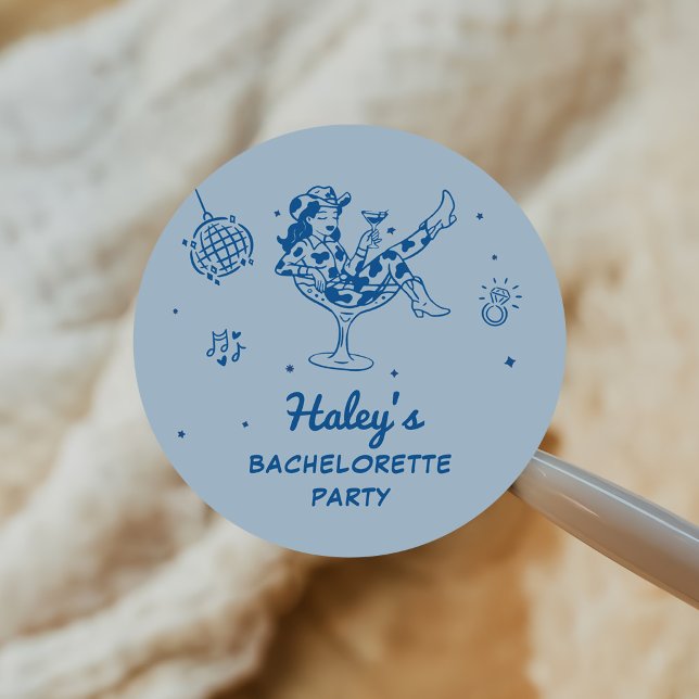 Sticker Rond Rodéo de Cowgirl Disco Bleu pour Enterrement de Vi (Créateur téléchargé)