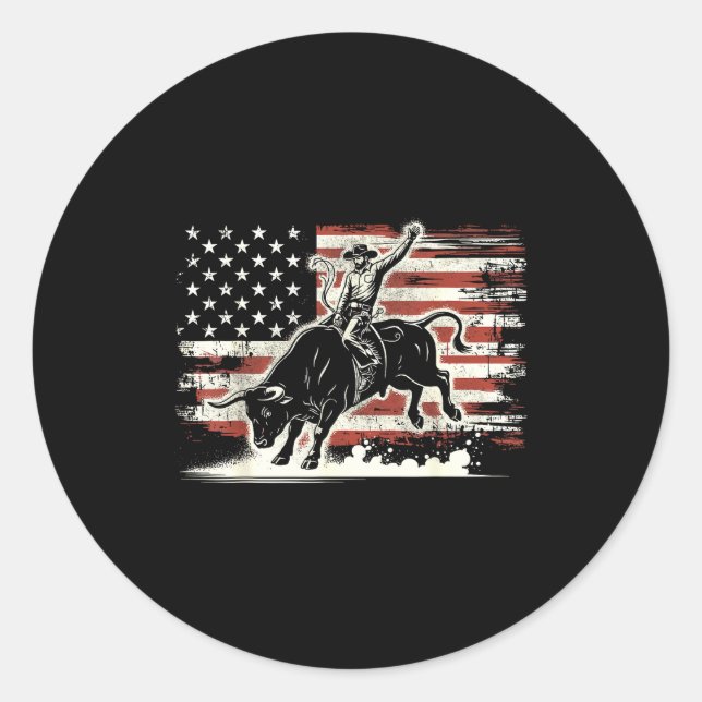 Sticker Rond Rodeo Rider Bull Patriotic Cowboy Usa Flag  (Devant)