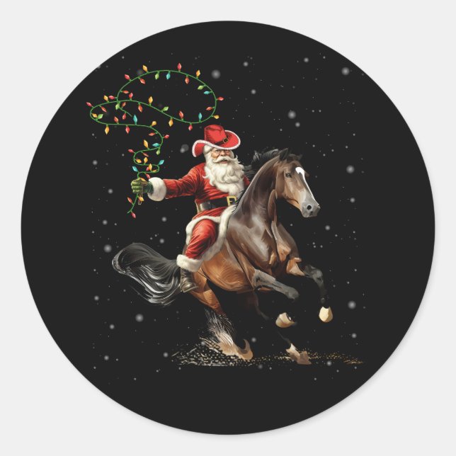Sticker Rond Rodeo Western Cowboy Père Noël À Cheval Joyeux Ch (Devant)