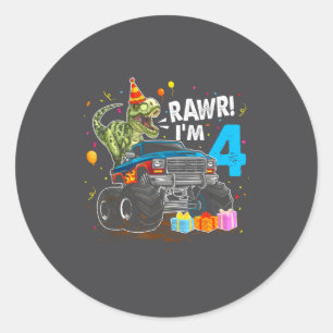 Sticker Rond Roh je suis 4 Joyeux Anniversaire T Rex Dinosaure