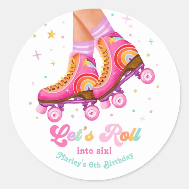 Sticker Rond Roller Skate Let's Roll Skating Girl Birthday (Devant)