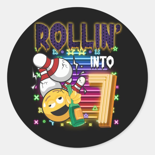 Sticker Rond Rollin en 7 Bowling Anniversaire fête 7e Anniversa (Devant)
