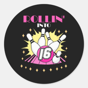 Sticker Rond Rollin In 16 Bowling Anniversaire Party 16. Garçon