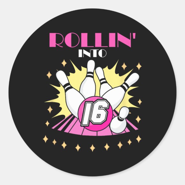 Sticker Rond Rollin In 16 Bowling Anniversaire Party 16. Garçon (Devant)