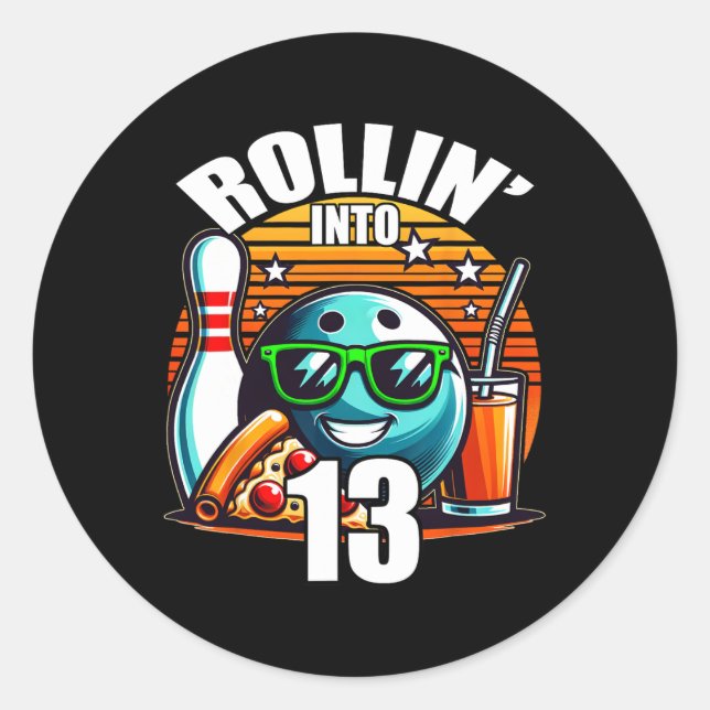 Sticker Rond Rollin Into 13 Bowling Anniversaire fête 13e anniv (Devant)