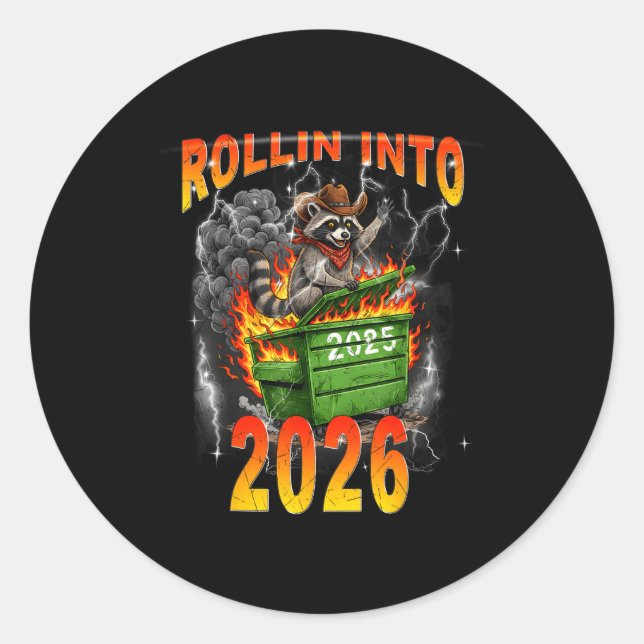 Sticker Rond Rollin Into 2026 New Year 2026 Raccoon Cowboy Vint (Devant)