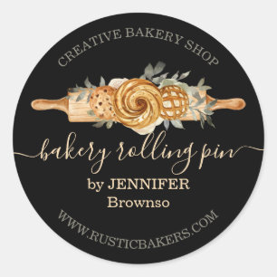 Sticker Rond Rolling Pin Boulangerie Cookies Pains noir élégant