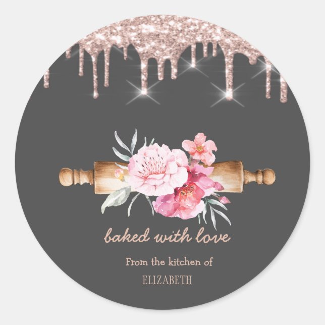 Sticker Rond Rolling Pin Flowers Rose Gold Drips Bakery   (Devant)