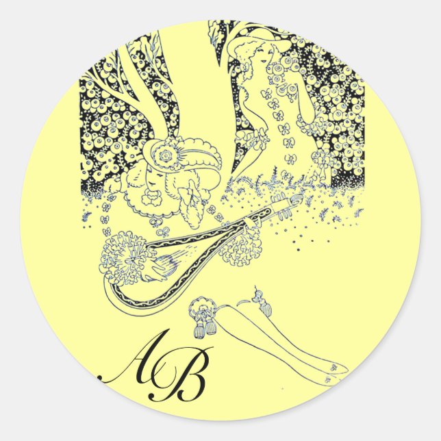 STICKER ROND ROMANCE, AMOUREUX ROMANTIQUES MONOGRAMME JAUNE NOI (Devant)