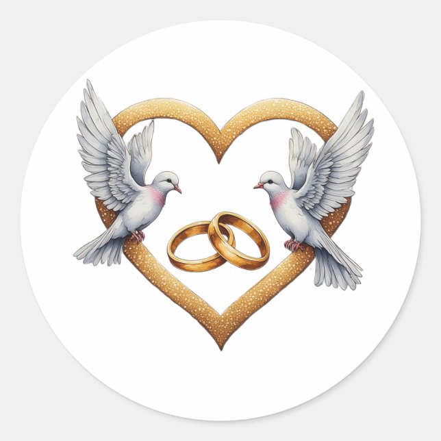 Sticker Rond Romantic birds with Heart Shape, Wedding Rings (Devant)