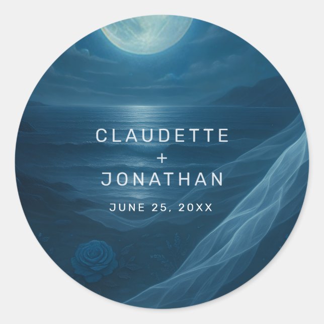 Sticker Rond Romantic Blue Moonlit Beach Custom Names Wedding (Devant)