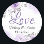 Sticker Rond Romantic Chic Pastel Purple Floral Love Script<br><div class="desc">Romantic Chic Pastel Purple Floral Love Script Classic Round Sticker</div>