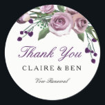 Sticker Rond Romantic Purple Rose Vow renouvellement Merci auto<br><div class="desc">Romantique Violet Rose Vow renouvellement autocollant Merci Favor phoque,  Belle Plum conception florale Matching faire-part de mariage collection in Niche and Nest store. Avec l'aimable autorisation de : https://www.etsy.com/shop/SmallHouseBigPony</div>
