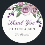 Sticker Rond Romantic Purple Rose Vow renouvellement Merci auto<br><div class="desc">Romantique Violet Rose Vow renouvellement autocollant Merci Favor phoque,  Belle Plum conception florale Matching faire-part de mariage collection in Niche and Nest store. Avec l'aimable autorisation de : https://www.etsy.com/shop/SmallHouseBigPony</div>