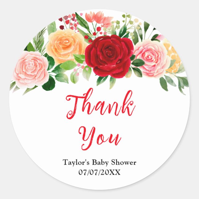 Sticker Rond Romantic Roses Floral Baby Shower Thank You (Devant)