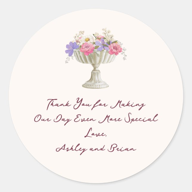Sticker Rond Romantic Tuscan Garden Urn with Flowers Wedding (Devant)